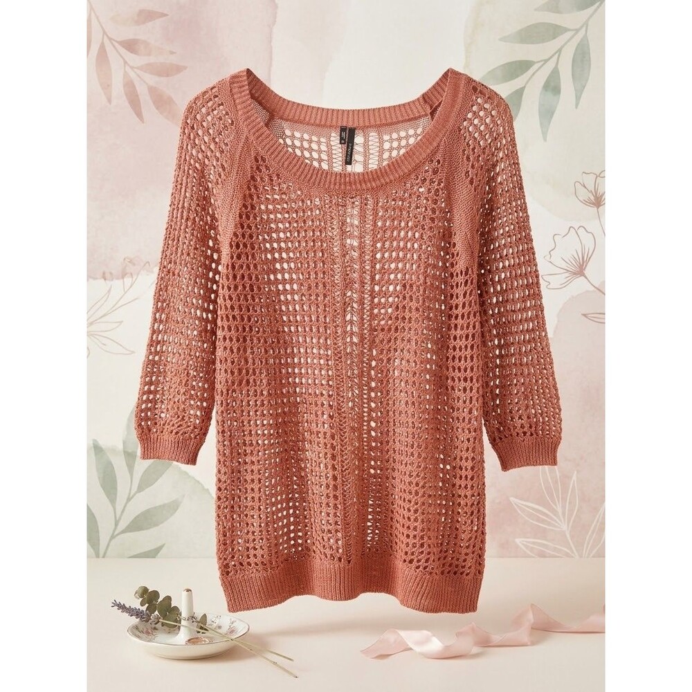 Maurices 100% Linen Open Knit Sweater Womens M Terracotta 3/4 Sleeve Layer Boho